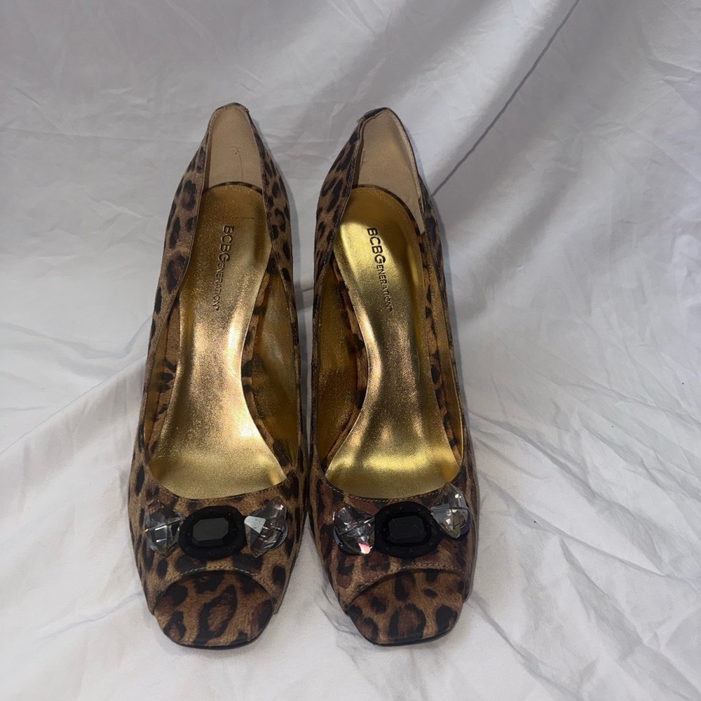 BCBGMaxAzria Animal Print Heels with Gem Accents